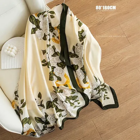 Elegant Women Imitation Silk Scarf Floral Printed Large Shawl Sunscreen Fashion Neck Wrap Lightweight Satin Beach Wrap For Daily Use