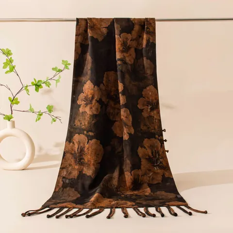 Mulberry Silk Shawl Long Xiangyun Silk Scarf For Women Vintage Chinese Style Printed Floral Scarf With Tassel Frog Buckle