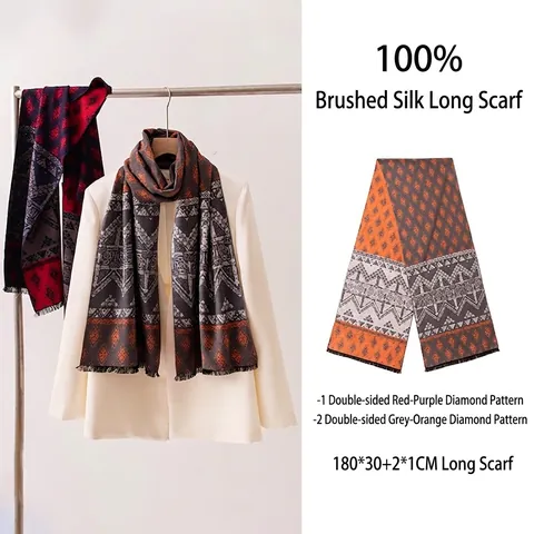Luxury Mulberry Silk Brushed Scarf Women Vintage Geometric Rhombus Pattern Warm Shawl Elegant Winter Wrap Neck Scarf With Tassels