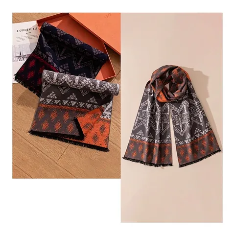 Luxury Mulberry Silk Brushed Scarf Women Vintage Geometric Rhombus Pattern Warm Shawl Elegant Winter Wrap Neck Scarf With Tassels