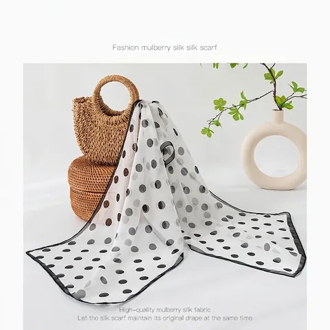 Elegant Mulberry Silk Scarf for Women French Style Polka Dot Floral Long Skinny Silk Shawl Wrap Spring Summer Accessories