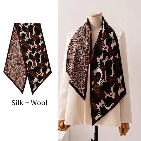 Mulberry Silk Wool Blend Double Sided Leopard Print Scarf Long Angled Neckerchief For Women Fashion Commute Paisley Twilly Scarf