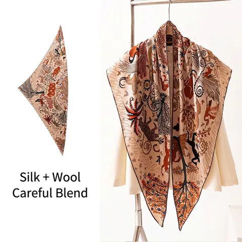 Luxury Silk Wool Triangle Scarf For Women Vintage Illustration Printed Shawl Elegant Pashmina Scarf For Air Conditioned Room