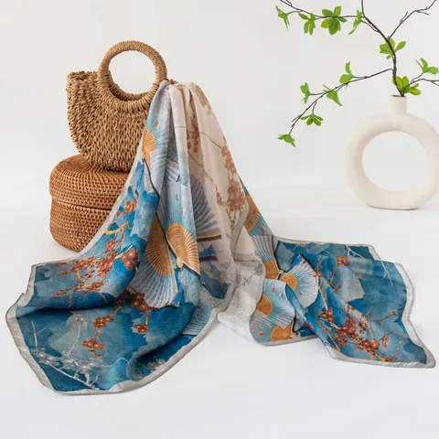 Women Mulberry Silk Scarf Elegant Chinese Style Fan Print Long Scarf Lightweight Soft Fashion Shawl For Daily Wear