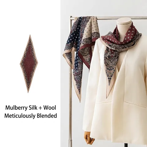 Vintage Luxury Mulberry Silk Wool Blend Scarf For Women Paisley Floral Print Rhombus Shawl Elegant Commuter Pashmina Scarf