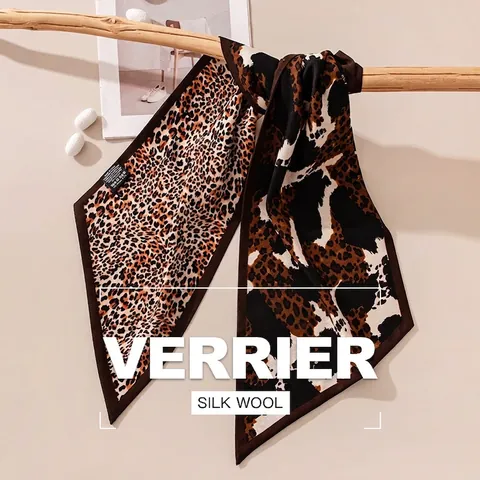 Mulberry Silk Wool Blend Double Sided Leopard Print Scarf Long Angled Neckerchief For Women Fashion Commute Paisley Twilly Scarf