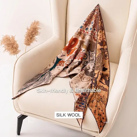 Luxury Silk Wool Triangle Scarf For Women Vintage Illustration Printed Shawl Elegant Pashmina Scarf For Air Conditioned Room