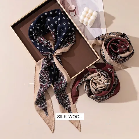 Vintage Luxury Mulberry Silk Wool Blend Scarf For Women Paisley Floral Print Rhombus Shawl Elegant Commuter Pashmina Scarf