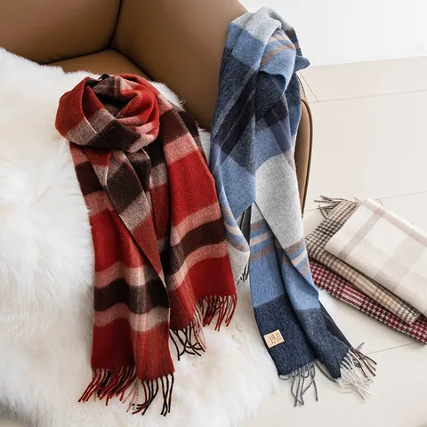 Écharpe en Laine pour Femmes Hiver Épaisse Patchwork Écossais Élégant Pied-de-poule Glands Cache-nez pour Nouvel An Noël