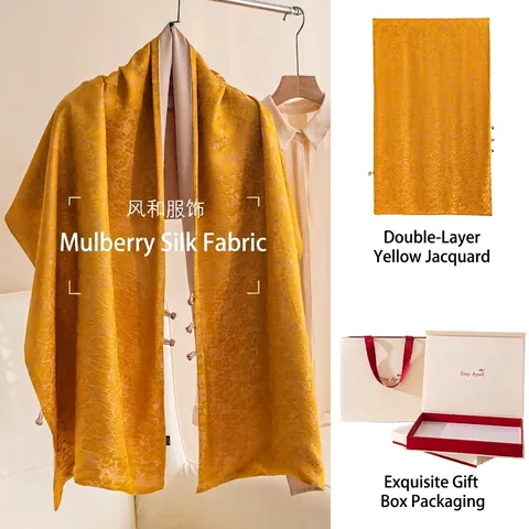 Luxury Double Layer Mulberry Silk Scarf for Women Jacquard Floral Pattern Shawl with Traditional Chinese Buckle Gift for Mother