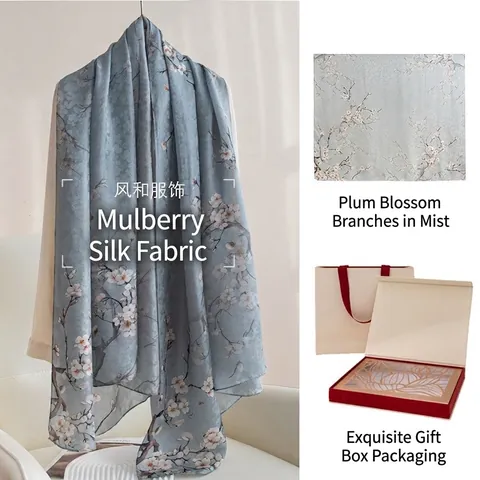 Luxury Mulberry Silk Scarf Women Double-Sided Printed Thin Silk Shawl Floral Pattern Wrap With Gift Box Fashion Accessory