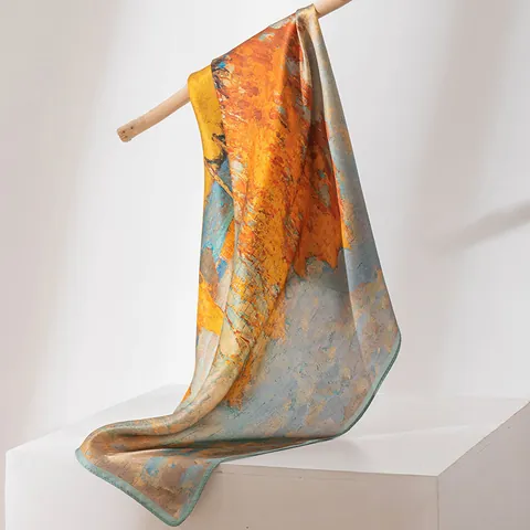 Women 100 Percent Mulberry Silk Square Scarf Thin Sunscreen Shawl Fashion Commute Office Printed Silk Kerchief Elegant Scarf