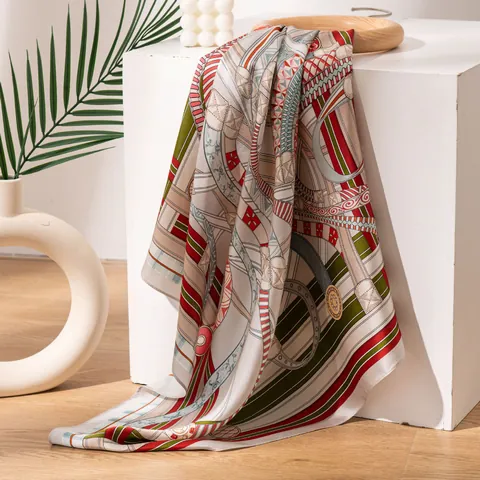Women Mulberry Silk Scarf Luxury Anchor Chain Print Geometric Square Silk Shawl Sun Protection Bandana Head Scarf Necktie