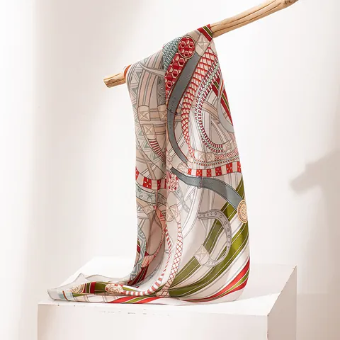 Women Mulberry Silk Scarf Luxury Anchor Chain Print Geometric Square Silk Shawl Sun Protection Bandana Head Scarf Necktie