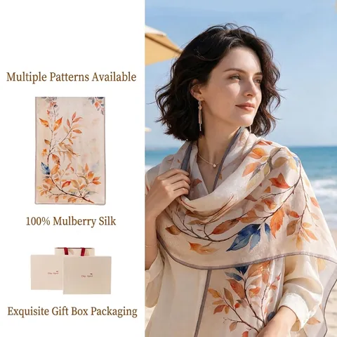 Women Luxury 100% Mulberry Silk Scarf Elegant Long Shawl Botanical Printed Scarf With Premium Gift Box Set For Teacher Mother Day Gift