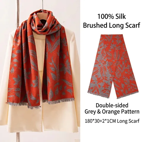 Luxury 100% Mulberry Silk Scarf For Men Women Double-Sided Floral Geometric Pattern Warm Long Winter Scarf With Tassels