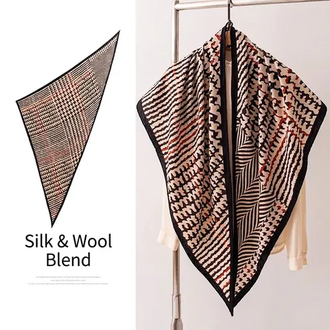 Retro Women Silk Wool Triangle Scarf Fashion Geometric Printed Shawl Elegant Large Warm Wrap Soft Pashmina Scarf