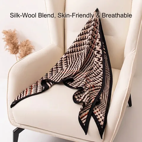 Retro Women Silk Wool Triangle Scarf Fashion Geometric Printed Shawl Elegant Large Warm Wrap Soft Pashmina Scarf