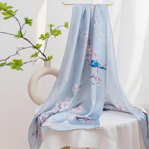 100% Mulberry Silk Scarf for Women Artistic Oil Painting Floral Print Elegant Long Shawl Sun Protection Wrap Scarf Accessory
