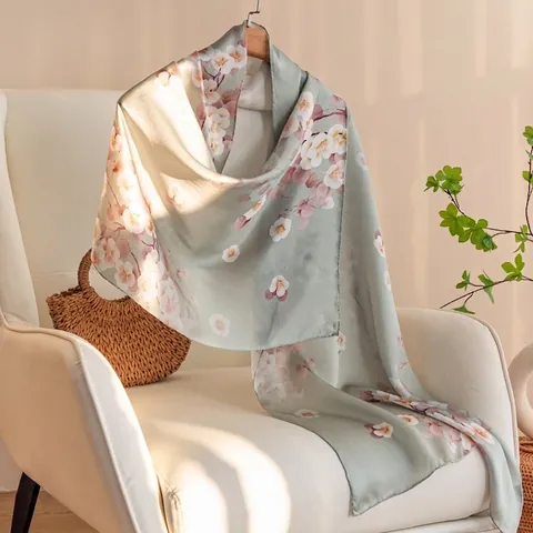 100% Mulberry Silk Scarf for Women Artistic Oil Painting Floral Print Elegant Long Shawl Sun Protection Wrap Scarf Accessory