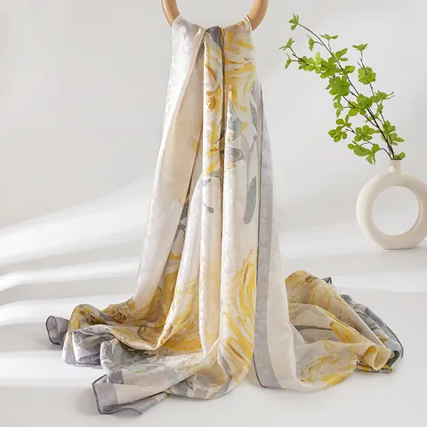 Mulberry Silk Scarf For Women Oil Painting Floral Print Long Shawl Elegant Sunscreen Scarf Lightweight Silk Wrap
