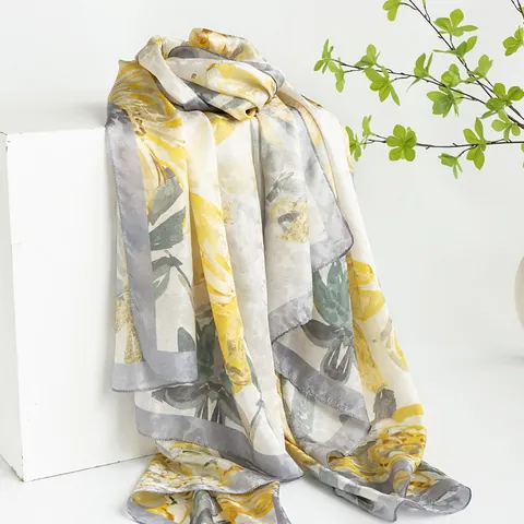 Mulberry Silk Scarf For Women Oil Painting Floral Print Long Shawl Elegant Sunscreen Scarf Lightweight Silk Wrap