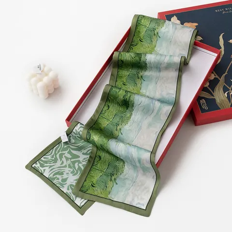 Vintage Mulberry Silk Long Scarf Double Sided Printed Twilly Scarf For Women Retro Oil Painting Pattern Neck Scarf Bag Handle Wrap