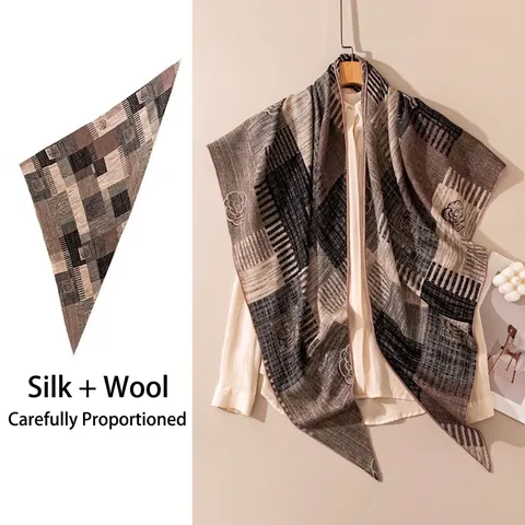 Elegant Mulberry Silk Wool Triangle Scarf For Women Vintage Striped Floral Print Shawl Handmade Rolled Edge Neck Warmer Wrap