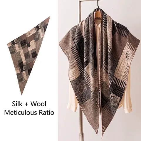 Elegant Mulberry Silk Wool Triangle Scarf For Women Vintage Striped Floral Print Shawl Handmade Rolled Edge Neck Warmer Wrap