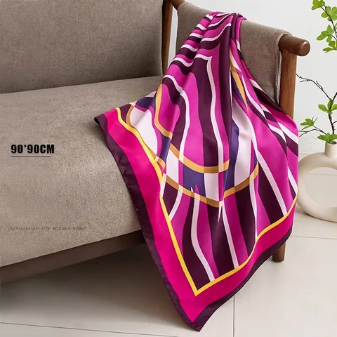 Women Large Silky Printed Square Scarf Polyester Wrap Ethnic Geometric Floral Pattern Soft Elegant Neck Head Kerchief