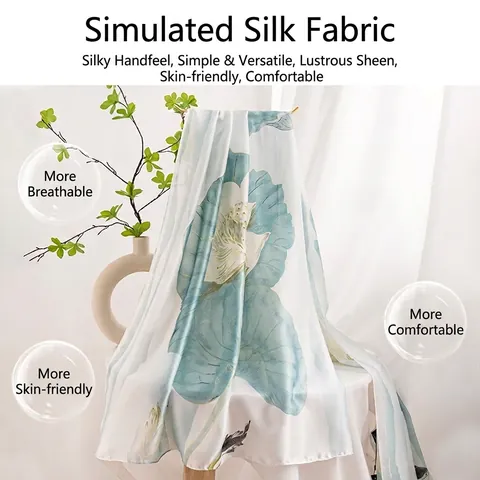 Women Long Satin Scarf Sun Protection Floral Printed Shawl Beach Towel Elegant Soft Wrap Japanese Korean Sweet Style Fashion Neck Scarf