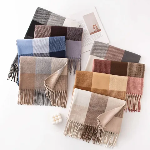 Women Men Winter Plaid Checkered Faux Cashmere Scarf Autumn Warm Thick Long Tassel Scarf For Daily Wear Commuting Gift