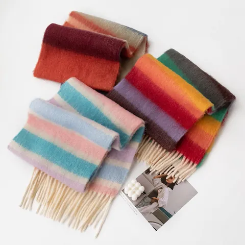 Women's Rainbow Striped Scarf Thick Warm Brushed Pashmina Shawl with Tassels Fashion Bohemian Winter Wraps Soft Polyester Neck Scarf