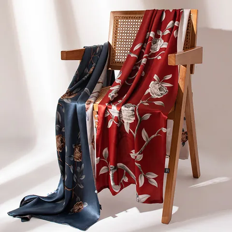 100% Mulberry Silk Scarf For Women Vintage Rose Floral Double Layer Printed Long Shawl Elegant Silk Scarf Sun Protection Wrap