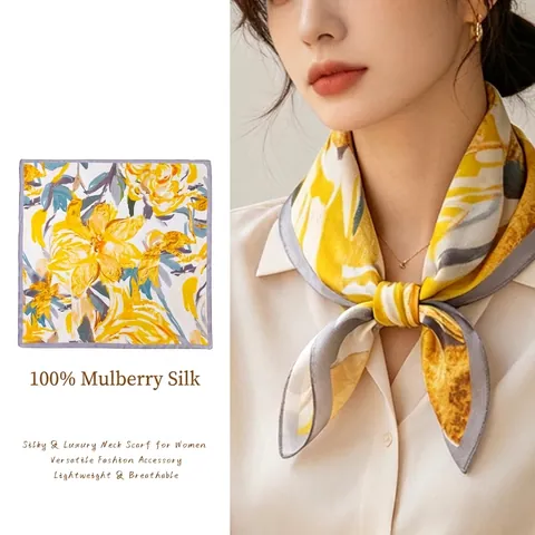 Elegant Mulberry Silk Square Scarf For Women Floral Printed Silk Neck Scarf Elegant Neckwear Valentine Day Gift Fashion Accessory