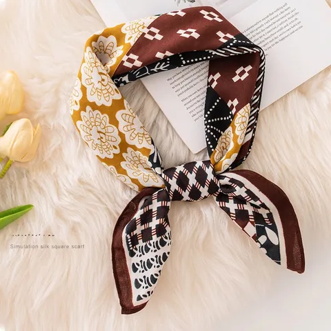 Women Korean Style Simulation Silk Small Square Scarf Vintage Pastoral Floral Geometric Print Professional Neck Scarf Elegant Head Scarf Decorative Accessory