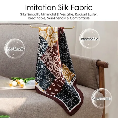 Women Korean Style Simulation Silk Small Square Scarf Vintage Pastoral Floral Geometric Print Professional Neck Scarf Elegant Head Scarf Decorative Accessory