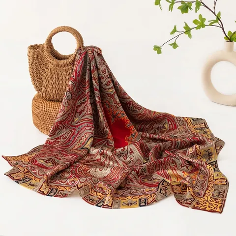 Mulberry Silk Square Scarf For Women Paisley Floral Print Thin Shawl Retro Bohemian Elegant Silk Neck Scarf Bandana Gift