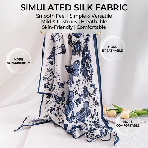 Women's Printed Triangle Scarf Polyester Imitation Silk Shawl Butterfly Rose Flower Pattern Headscarf Elegant Neck Wrap