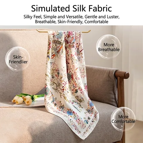 Women Artistic Beige Floral Bird Print Satin Square Scarf Lightweight Decorative Neck Scarf Elegant Office Small Foulard For Ladies