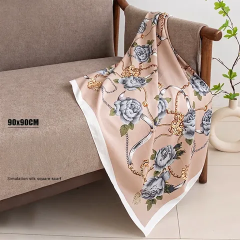 Pañuelo Cuadrado de Satén para Mujer Estilo Seda Estampado Floral Cadena Grande 90cm Hijab Chal Elegante Pañuelo para Cabeza para Mujer Accesorios Viaje