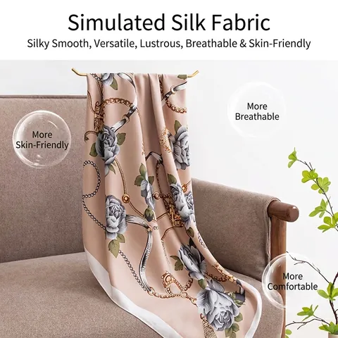 Pañuelo Cuadrado de Satén para Mujer Estilo Seda Estampado Floral Cadena Grande 90cm Hijab Chal Elegante Pañuelo para Cabeza para Mujer Accesorios Viaje