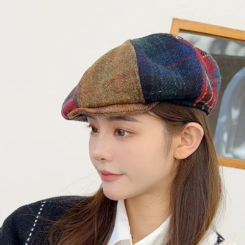 Retro Patchwork Wool Tweed Beret Hat Men Women Kids Autumn Winter Plaid Painter Cap British Style Vintage Warm Woolen Hat