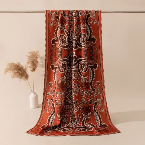 Women Vintage Paisley Printed Scarf Premium Silk Wool Blend Long Shawl Double Sided Red Printed Wrap Pashmina For Winter