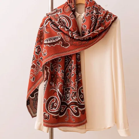Women Vintage Paisley Printed Scarf Premium Silk Wool Blend Long Shawl Double Sided Red Printed Wrap Pashmina For Winter