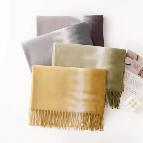 Women Elegant Cashmere Feeling Ombre Scarf Autumn Winter Korean Style Tie-Dye Pashmina Shawl Warm Tassel Wrap Lady Scarf