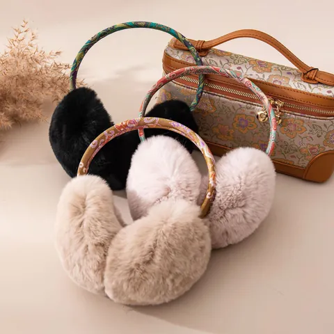 Rex Rabbit Fur Earmuffs Women Winter Warm Plush Ear Warmers Vintage Ethnic Floral Pattern Silk Satin Headband Earmuffs Soft Outdoor Windproof Cycling Ear Covers