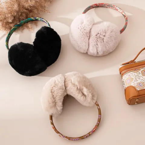Rex Rabbit Fur Earmuffs Women Winter Warm Plush Ear Warmers Vintage Ethnic Floral Pattern Silk Satin Headband Earmuffs Soft Outdoor Windproof Cycling Ear Covers