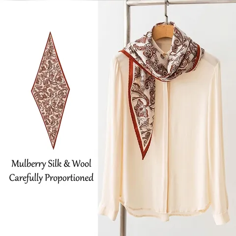 Elegant Mulberry Silk Wool Blend Scarf For Women Vintage Paisley Printed Twill Rhombus Shawl Soft Warm Neckerchief