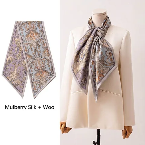 Women Luxury Mulberry Silk Wool Blend Scarf Double Layer Contrasting Color Paisley Houndstooth Print Neck Ribbon Twilly Scarf